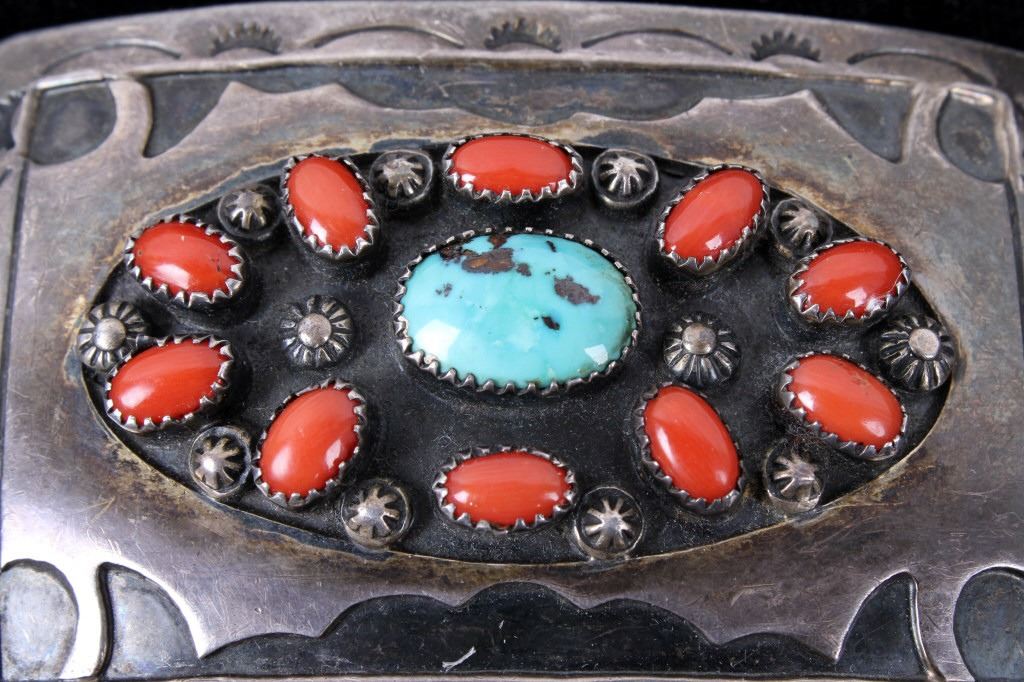 Navajo Old Pawn Turquoise & Red Coral Belt Buckle