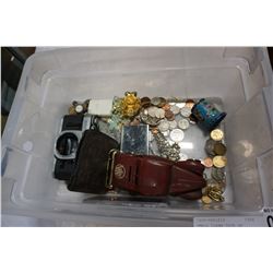 SMALL CLEAR TOTE OF COLLECTIBLES AND WORLD COINS