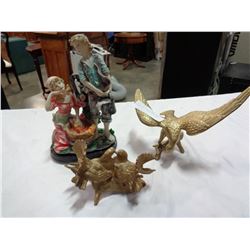 BRASS EAGLE, BIRD FIGURES, AND BOY AND GIRL FIGURE