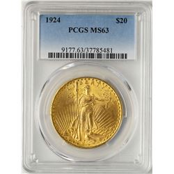 1924 $20 St. Gaudens Double Eagle Gold Coin PCGS MS63