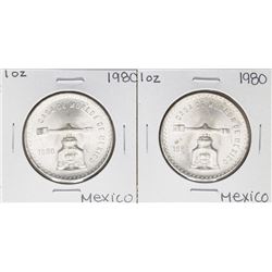 Lot of (2) Brilliant Uncirculated 1980 Mexico Una Onza Casas De Moneda Silver Coins