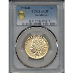 1908-D $10 Indian Head Eagle Gold Coin PCGS AU58