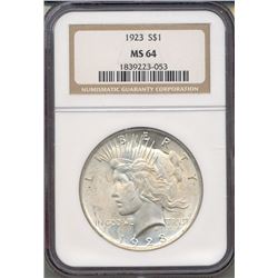 1923 $1 Peace Silver Dollar Coin NGC MS64