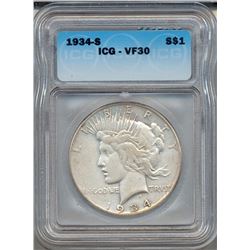 1934-S $1 Peace Silver Dollar Coin ICG VF30