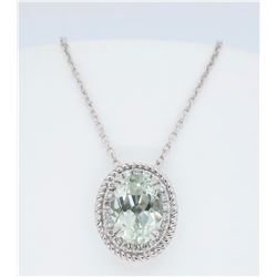 14KT White Gold Green Amethyst and Diamond Pendant with Chain