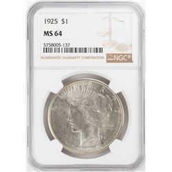1925 $1 Peace Silver Dollar Coin NGC MS64