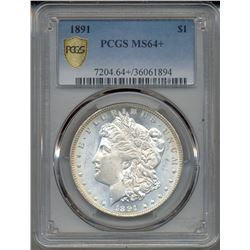 1891 $1 Morgan Silver Dollar Coin PCGS MS64+