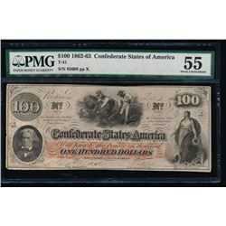 1862-63 $100 Confederate States of America Note PMG 55