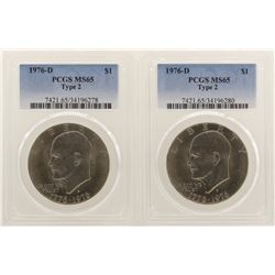 Lot of (2) 1976-D Type 3 Eisenhower Dollar Coins PCGS MS65 Type 2