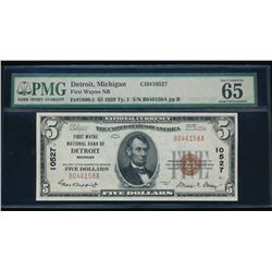 1929 $5 Detroit National Bank Note PMG 65EPQ