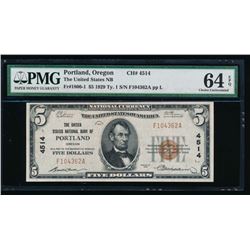 1929 $5 Portland National Bank Note PMG 64EPQ