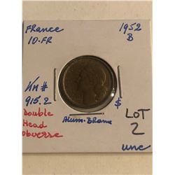 1952B France 10 Franc Uncirculated DOUBLE HEAD OBVERSE KM 915.2