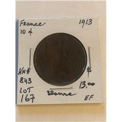 1913 France Large 10 Cents Extra Fine Grade Coin KM 843