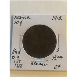 1912 France Large 10 Cents Extra Fine Grade Coin KM 843