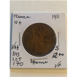 1911 France Large 10 Cents Very Fine Grade Coin KM 843