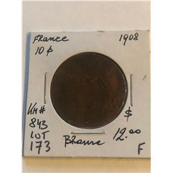 1908 France Large 10 Cents Fine Grade Coin KM 843