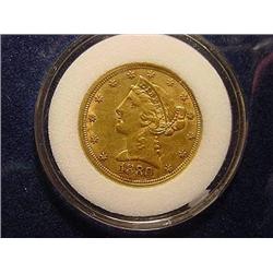 1880 $5.00 Liberty Head Gold Coin  XF+