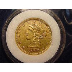 1882-S $5.00 Liberty Head Gold Coin  AU