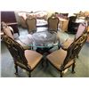 Image 1 : MICHAEL AMINI GLASS TOP DINING ROOM TABLE WITH CARVED BASE AND 6 CHAIRS.  APPROXIMATE RETAIL