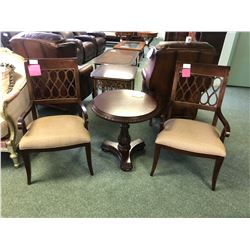 SOLID WOOD ROUND PEDESTAL TABLE WITH 2 SIDE CHAIRS.  APPROXIMATE RETAIL $3,900.00