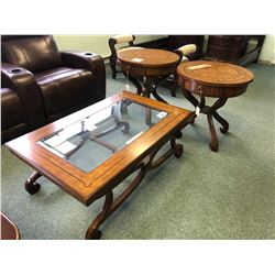 SCHNADIG 3 PC INLAYED COFFEE TABLE SET INC. COFFEE TABLE AND 2 END TABLES.