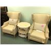 Image 1 : ENTRANCE SET WITH LAMP TABLE AND 2 LEATHER WINGBACK CHAIRS.  RETAIL $4,200.00 PER CHAIR