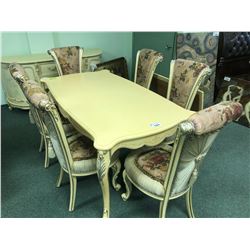 COUNTRY STYLE FORMAL DINING ROOM TABLE WITH 6 CHAIRS AND SIDEBOARD.  APPROXIMATE RETAIL $19,000.00