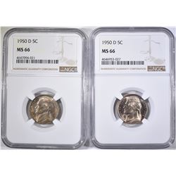 2-1950-D JEFFERSON NICKELS, NGC MS-66