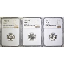 1955-P-D&S ROOSEVELT DIMES, NGC MS-66