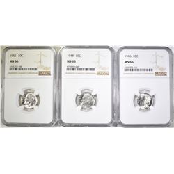 1946, 48 & 51 ROOSEVELT DIMES, NGC MS-66