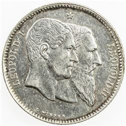 BELGIUM: Leopold II, 1865-1909, AR franc, 1880. EF