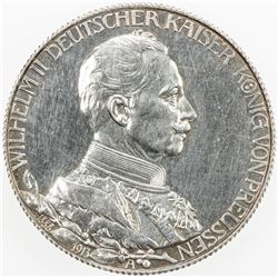 GERMANY: PRUSSIA: Wilhelm II, 1888-1918, AR 3 mark, 1913-A. PF