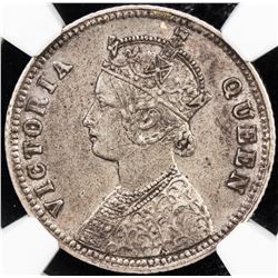 BRITISH INDIA: Victoria, as Queen, 1837-1876, AR 1/4 rupee, 1876 (c). NGC AU53