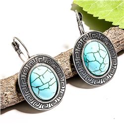 TURQUOISE GEMSTONE SILVER PLATED LEVER BACK EARRING 1.5"