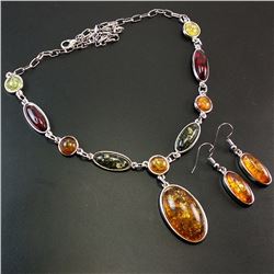 BALTIC AMBER GEMSTONE SILVER PLATED HANDMADE NECKLACE WITH EARRINGS