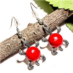 TURQUOISE GEMSTONE SILVER PLATED HOOK EARRING 1.5"