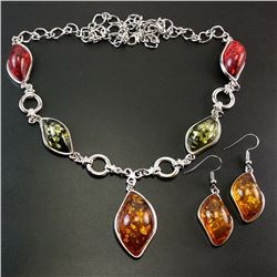 BALTIC AMBER GEMSTONE SILVER PLATED HANDMADE NECKLACE WITH EARRINGS