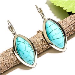 TURQUOISE GEMSTONE SILVER PLATED LEVER BACK EARRING 1.5"