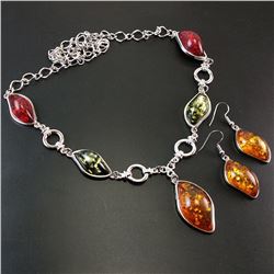 BALTIC AMBER GEMSTONE SILVER PLATED HANDMADE NECKLACE WITH EARRINGS