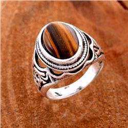 TIGER'S EYE GEMSTONE SILVER PLATED RING SIZE 8