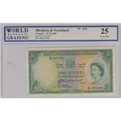 Rhodesia and Nyasaland, 1 Pound, 1960, VF, p21bbr/WBG 25, Queen Elizabeth II portrait, serial number