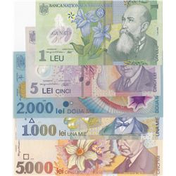 Romania, 1 Leu, 5 Lei, 1.000 Lei, 2.000 Lei and 5.000 Lei, 1998/2005, UNC, (Total 5 banknotes)br/3 o