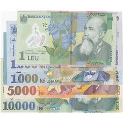 Romania, 1 Leu (2), 5 Lei, 1000 Lei (2), 2000 Lei, 5000 Lei and 10000 Lei, 1998/2005, UNC, (Total 8 