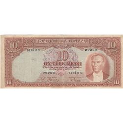 Turkey, 10 Lira, 1938, FINE, 2/1. Emission, p128br/serial number: B3 29259