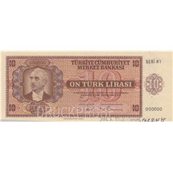 Turkey, 10 Lira, 1942, UNC, 3/1. Emission, p142, SPECIMENbr/Inönü portrait, serial number: A1 00000