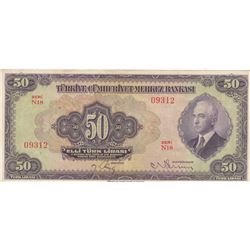 Turkey, 50 Lira, 1942, XF, 3/1. Emission, p142br/Inönü portrait, serial number: N18 09312, natural