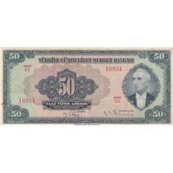 Turkey, 50 Lira, 1947, XF, 3/2. Emission, p143br/serial number: C1 16934, natural