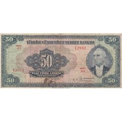Turkey, 50 Lira, 1947, VF (-), 3/2. Emission, p143br/Atatürk portrait, serial number: A3 13881
