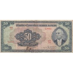 Turkey, 50 Lira, 1947, VF (-), 3/2. Emission, p143br/Atatürk portrait, serial number: A3 13881