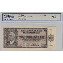 Turkey, 100 Lira, 1942, UNC, 3/1. Emission, p144br/WBG 61, serial number: B4 019033